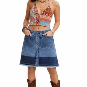 A Loves A Anthropologie Colorblock Two Tone Denim Mini Skirt Sz 29 Raw Hem Boho